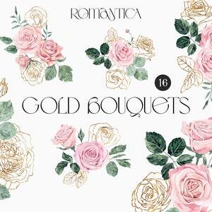 Romantica Blush Vintage Roses Bouquets, feminine Floral watercolor clipart, Pink rose wedding invitation, gold foil lineart flowers bouquet