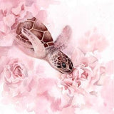 Pink Flower Sea Turtle Art Print, Original Watercolour Painting "Bouquet Swim" Soft Neutral Blush Rose