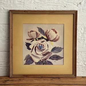 Vintage original watercolor painting of white roses, purple flowers with a yellow border and wood frame