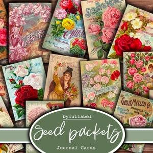 Vintage Seed Packet  journal cards, Roses ATC cards, ephemera and junk journal supplies, mini papers, flowers, botanical fussy cuts