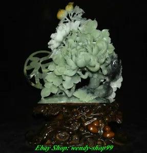 18" China Natural Xiu Green Jade Carve Peony Flower Tree Bird ??? ?? ??? Word Statue