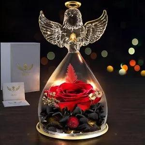 Glass angel figurine with LED, red preserved rose under dome