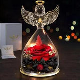Impouo Angel Gifts Preserved Rose Flower in Glass Angel Figurines with LED RED