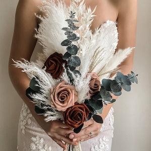 Pampas Wedding Bouquet, Small Burgundy Pink Wedding Bouquet, Bridal Boho Bouquet, Dried Flowers, Rustic, Eucalyptus Dried Bridal Bouquet