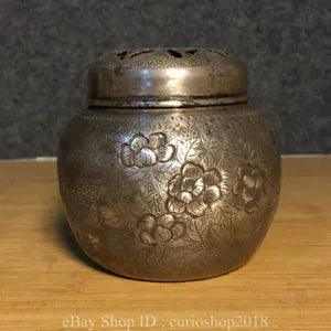 3.2 " Ancient China Sterling silver Dynasty Peony Flower Deer Pattern Censer