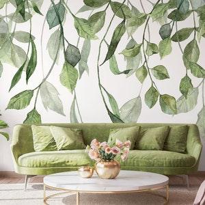 Watercolor green hanging leaves wallpaper with white background | Self Adhesive | Peel & Stick | Removable Wallpaper