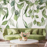 Watercolor green hanging leaves wallpaper with white background | Self Adhesive | Peel & Stick | Removable Wallpaper