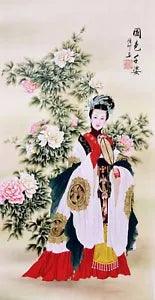 #013 ORIENTAL ART CHINESE FAMOUS FIGURE WATERCOLOR PAINTING-Beauty&Peony Flower