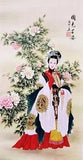 #073 ORIENTAL ART CHINESE FAMOUS FIGURE WATERCOLOR PAINTING-Beauty&Peony Flower