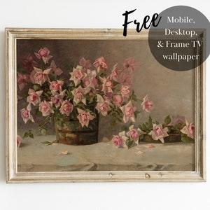 Antique Oil Painting Pink Rose Bouquet Printable Floral Wall Art | SL066