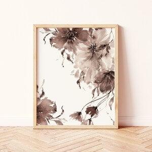 Boho Wall Decor | Minimalist Modern Organic Watercolor Florals | Neutral Brown Black Purple Grey | Peony Wedding Bouquet Print | Living Room