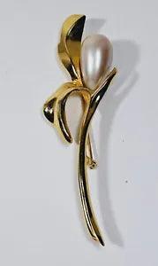 VTG Marvella Goldtone Long Stem Faux Pearl Calla Lily Brooch