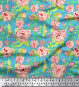 Soimoi Blue Velvet Fabric Leaves & Peony Floral Fabric Prints By-xjC