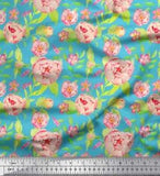 Soimoi Blue Velvet Fabric Leaves & Peony Floral Fabric Prints By-xjC