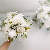 White Rose & Peony Wedding Bouquet w Baby's Breath, White Flower n Lamb's Ear Bouquet, White Bridal n Bridesmaid Silk Flower Bouquet Wedding