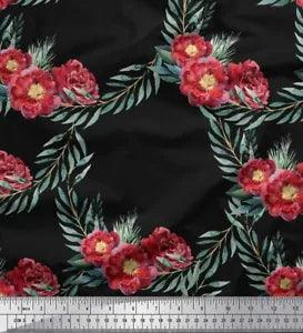 Soimoi Black Cotton Duck Fabric Leaves & Peony Floral Decor Fabric-Tg2