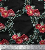Soimoi Black Cotton Duck Fabric Leaves & Peony Floral Decor Fabric-Tg2