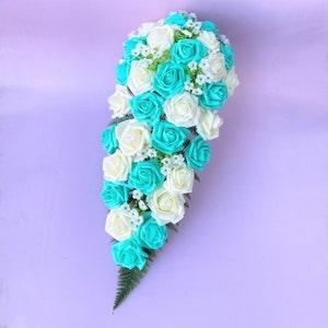 Turquoise White Bridal Bouquet, Cascading Wedding Bouquet, Turquoise and White Roses Artificial Flower Bouquet DJ-21