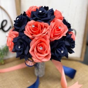 Coral Navy Blue Bouquet-wedding silk flower rose rhinestone bling
