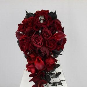 Custom Realistic Artificial Red & Black Cascading wedding bouquet with skulls