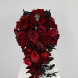 Custom Realistic Artificial Red & Black Cascading wedding bouquet with skulls