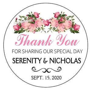 Round blush pink floral wedding thank-you favor sticker with Thank You text, names and date