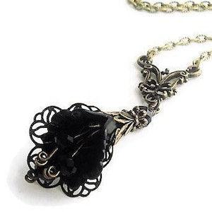Hand Painted Black Orchid Victorian Necklace, Antique Brass Filigree Flower Pendant Necklace, Botanical Jewelry Gift, Gothic Choker Necklace