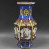 10" China Colour Enamels Porcelain Gild Peony Flower Magpie Bird Six Sides Vase