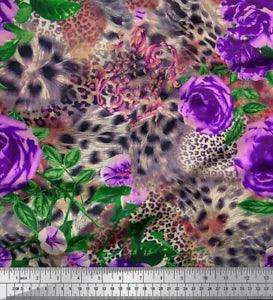 Soimoi Cotton Poplin Fabric Leopard Skin,Leaves & Carnation Flower-X04
