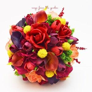Plum Red Orange Bridal Bouquet Calla Lilies Tulips Roses Groom's Boutonniere - Add Flower Crown Wedding Arch Flowers Centerpiece & More!