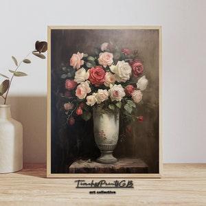 Vintage Still Life Printable Rose Bouquet Home Decor Pink Red White Rose Wall Art Moody Flower Painting Red Rose Botanical Farmhouse Decor