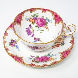 Aynsley pink "Wilton" teacup and saucer, floral decoration, pink scales, bouquet of roses, tulips, vintage bone china, c.1930+