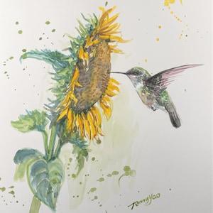 Printing of sold Original Watercolor Painting, Hummingbird with Sunflower, 3 size option, 220616