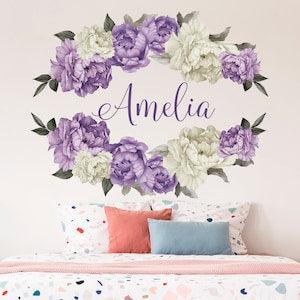 Girl Name Wall Decal Nursery, Watercolor Peonies Bouquet Sticker, Peony Flower Wall Decor , Custom Name For Badroom, Floral Wall Decoration