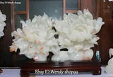 21" Old China Natural White Jade Carved Wealth Money Peony Flower Leaf Statue