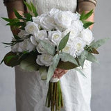 14" Faux White Real Touch Roses Free Form Bridal Bouquet, Cream White Wedding Bouquets, Artificial Flowers Bouquets, Boutonnieres, Corsages