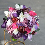 Hot Pink Purple Wedding Bouquets, Fuchsia Real Touch Calla Lilies, Roses, White Orchids, Purple Baby's Breath, White Boutonnieres