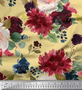 Soimoi Beige Velvet Fabric Leaves & Peony Floral Print Fabric by-gTh