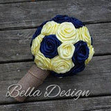Canary Yellow and Marine Navy Bridal Bouquet | Ribbon Rose Bouquet | Navy Boutonniere | Pastel Yellow Rose Corsage | Fabric Burlap Bouquet |