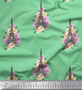 Soimoi Green Cotton Poplin Fabric Leaves,Peony & Eiffel Tower Architectural-TbA