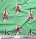 Soimoi Green Cotton Poplin Fabric Leaves,Peony & Eiffel Tower Architectural-TbA