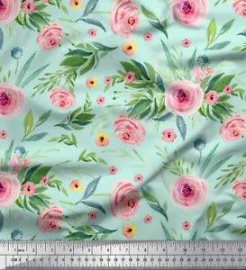 Soimoi Green Velvet Fabric Leaves & Ranunculus Floral Print Fabric-Bok