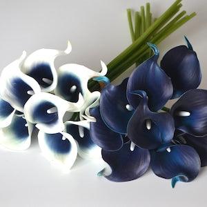Navy Blue Picasso Calla Lilies Real Touch Flowers DIY Wedding Bouquets Centerpieces