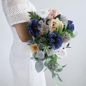 Cascade Wedding Bouquet,Bridal Bouquet, Bridesmaid Bouquets, Dusty Blue Bouquet, Peach Peony, Eucalyptus