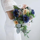 Cascade Wedding Bouquet,Bridal Bouquet, Bridesmaid Bouquets, Dusty Blue Bouquet, Peach Peony, Eucalyptus