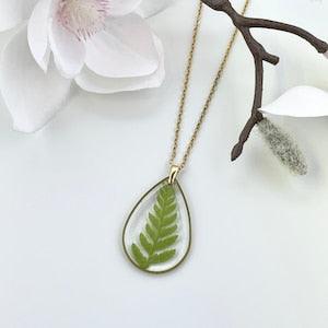 Green Real Fern Teardrop Resin Necklace, Silver or Gold Plated Stainless Steel Cable Chain