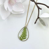 Green Real Fern Teardrop Resin Necklace, Silver or Gold Plated Stainless Steel Cable Chain