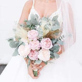 Dusty pink bridal bouquet, Peony bouquet, Pampas grass bride bouquet, Ivory roses bridal bouquet, Eucalyptus bouquet, Silk flowers bouquet