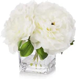 Silk Peony Flowers Arrangements in Cube Glass Vase with Faux Water for Home Tabl