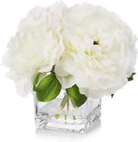 Silk Peony Flowers Arrangements in Cube Glass Vase with Faux Water for Home Tabl